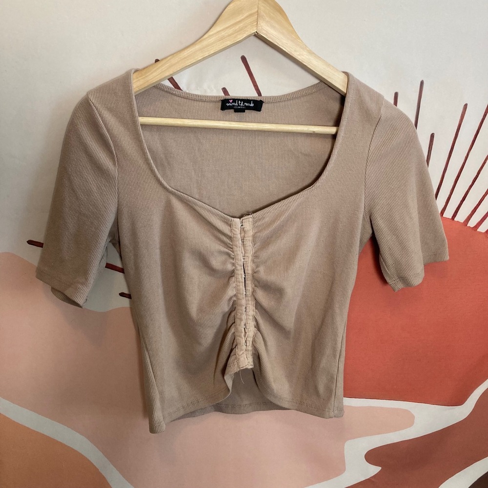 Mixed‎ Threads Tan Ribbed y2k bella Ruched Button Front Crop Top Womens Medium